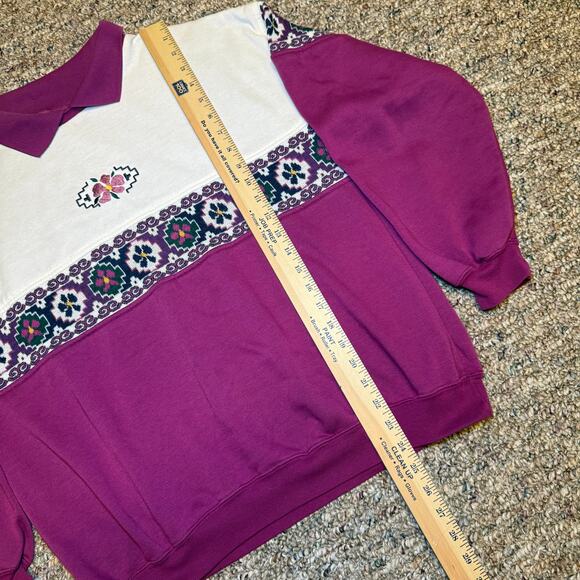 90s Womens Size XL Floral Knit Collar Sweatshirt Magenta & Cream - Picture 4 of 4